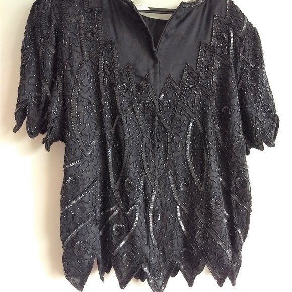 vintage 80s short sleeve black silk sequin cocktail top NWOT - Picture 2 of 9